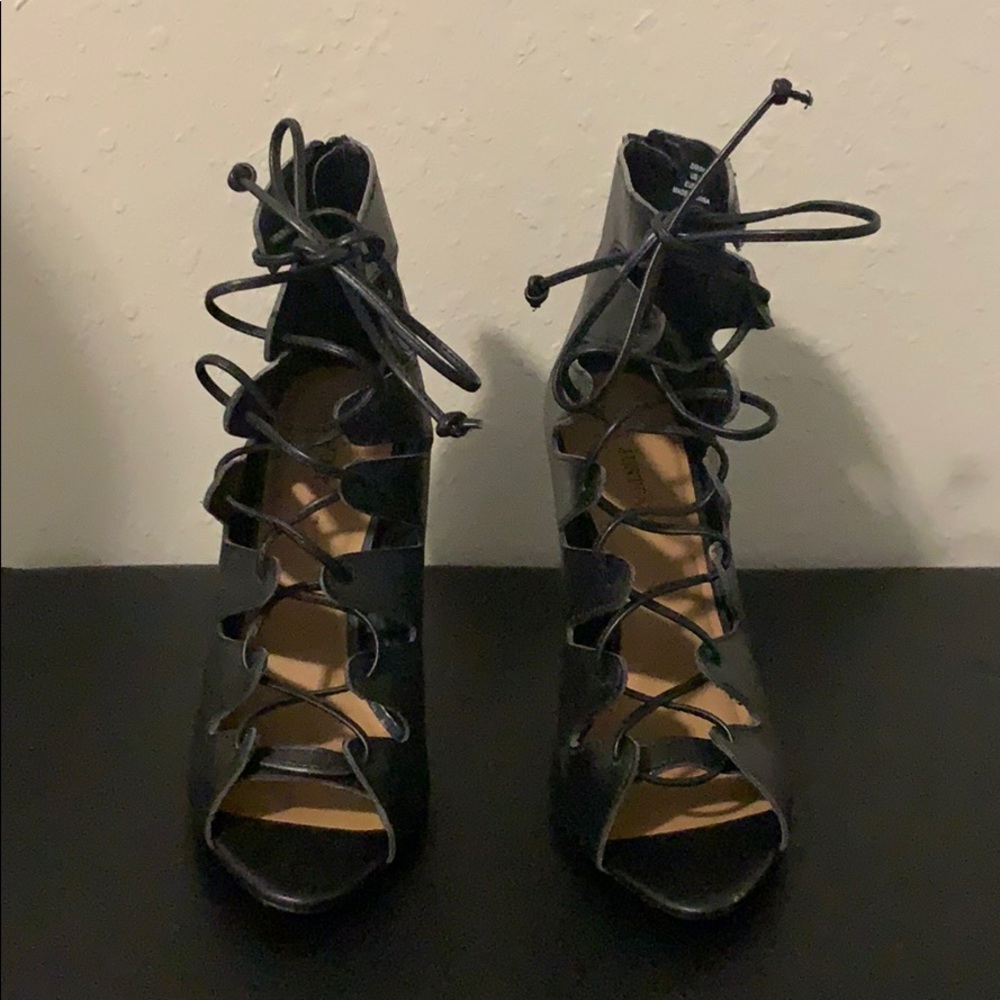 Just Fab Black lace up peep toe heel pump bootie